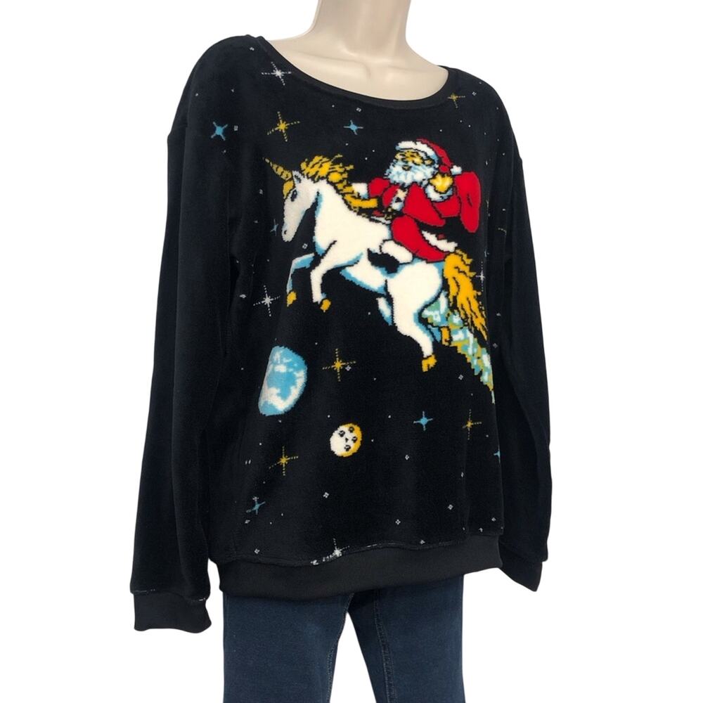 NWOT Fifth Sun Santa on a Unicorn in the Universe Black Fleece Top Long Sleeve - Picture 8 of 16